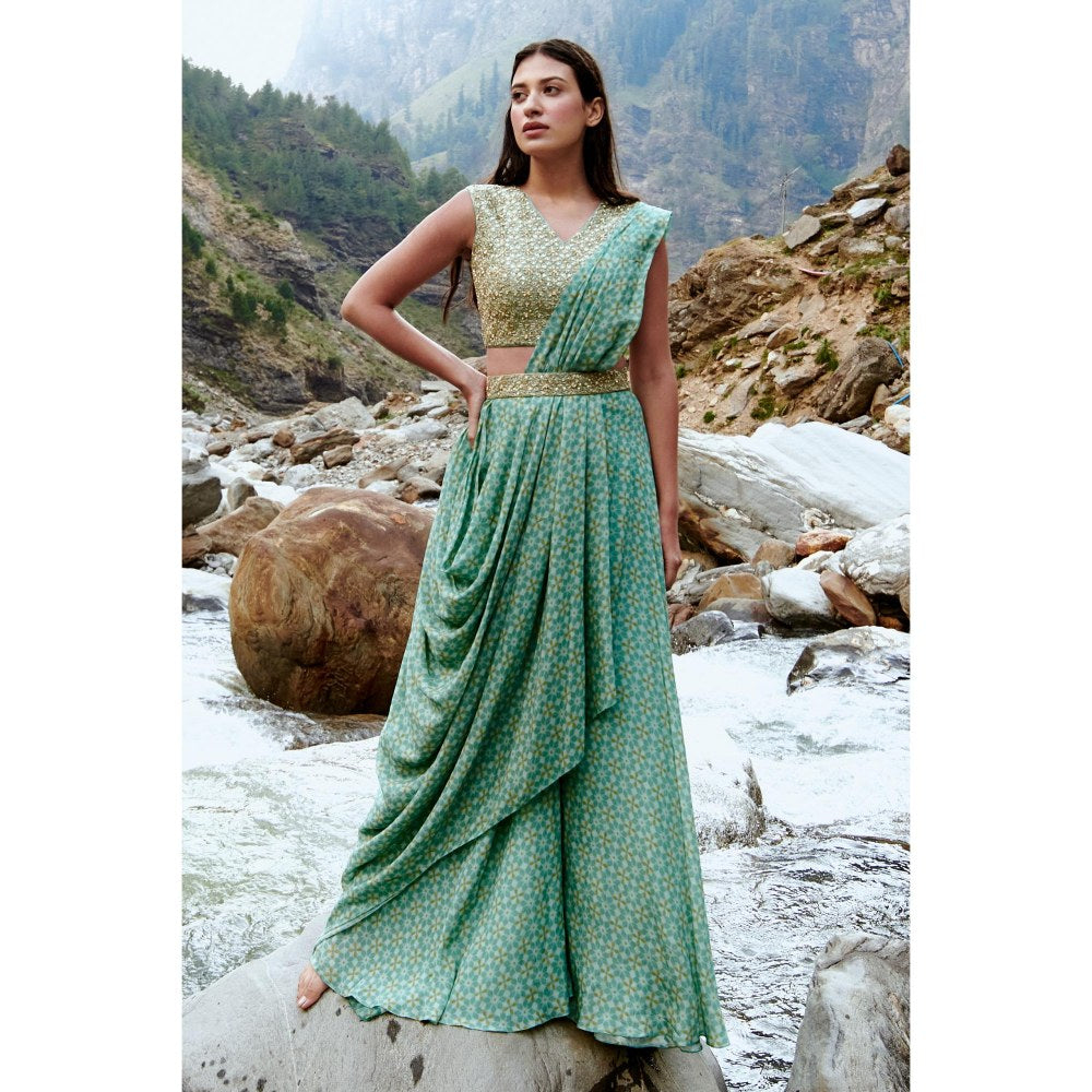 Paulmi & Harsh Monica Blue Pre-Draped Saree with Stitched Blouse and Belt