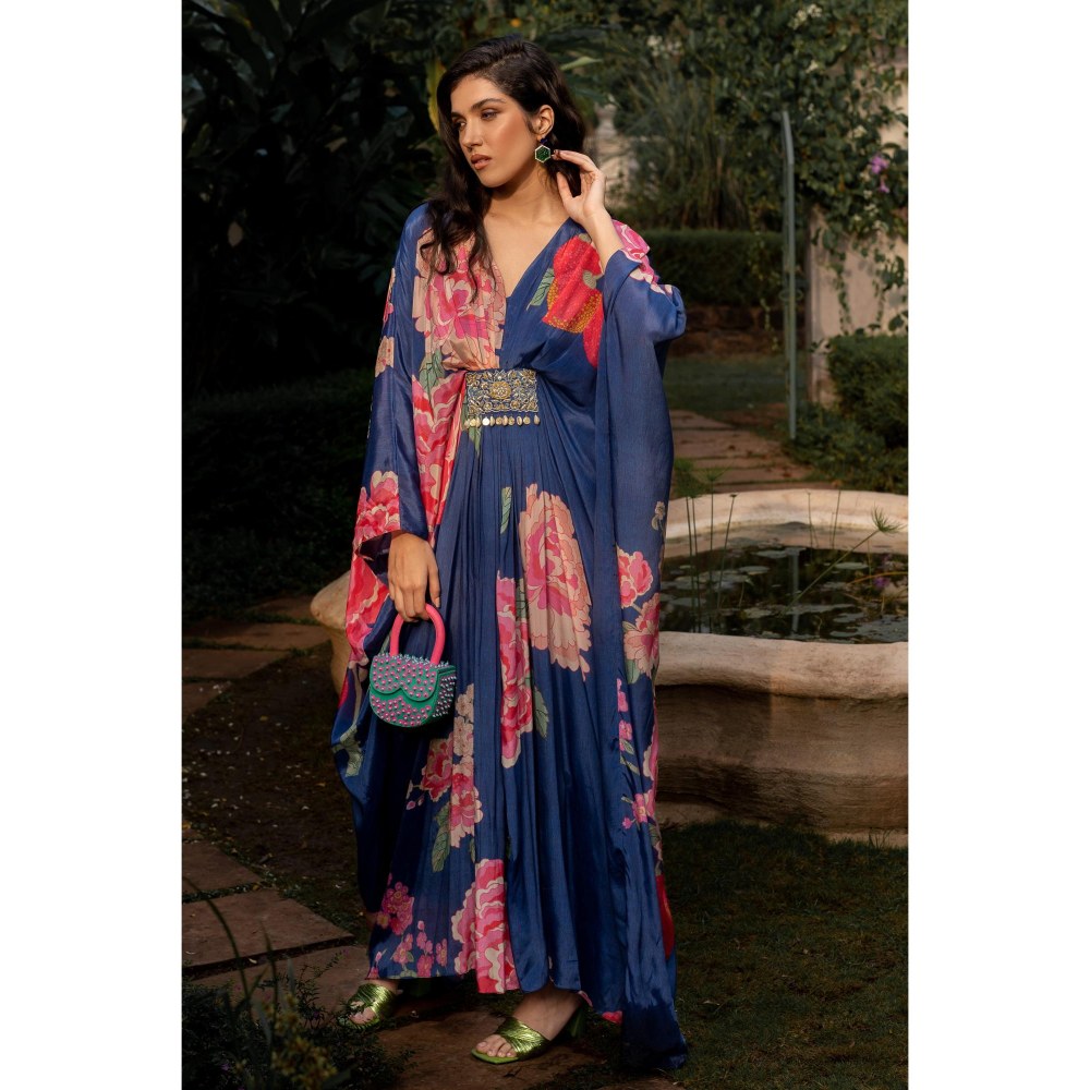 Paulmi & Harsh Blue Constance Kaftan Dress with Slip