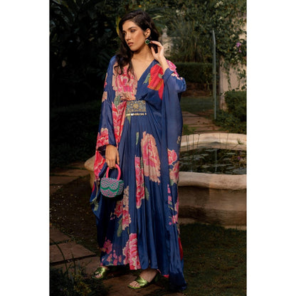 Paulmi & Harsh Blue Constance Kaftan Dress with Slip