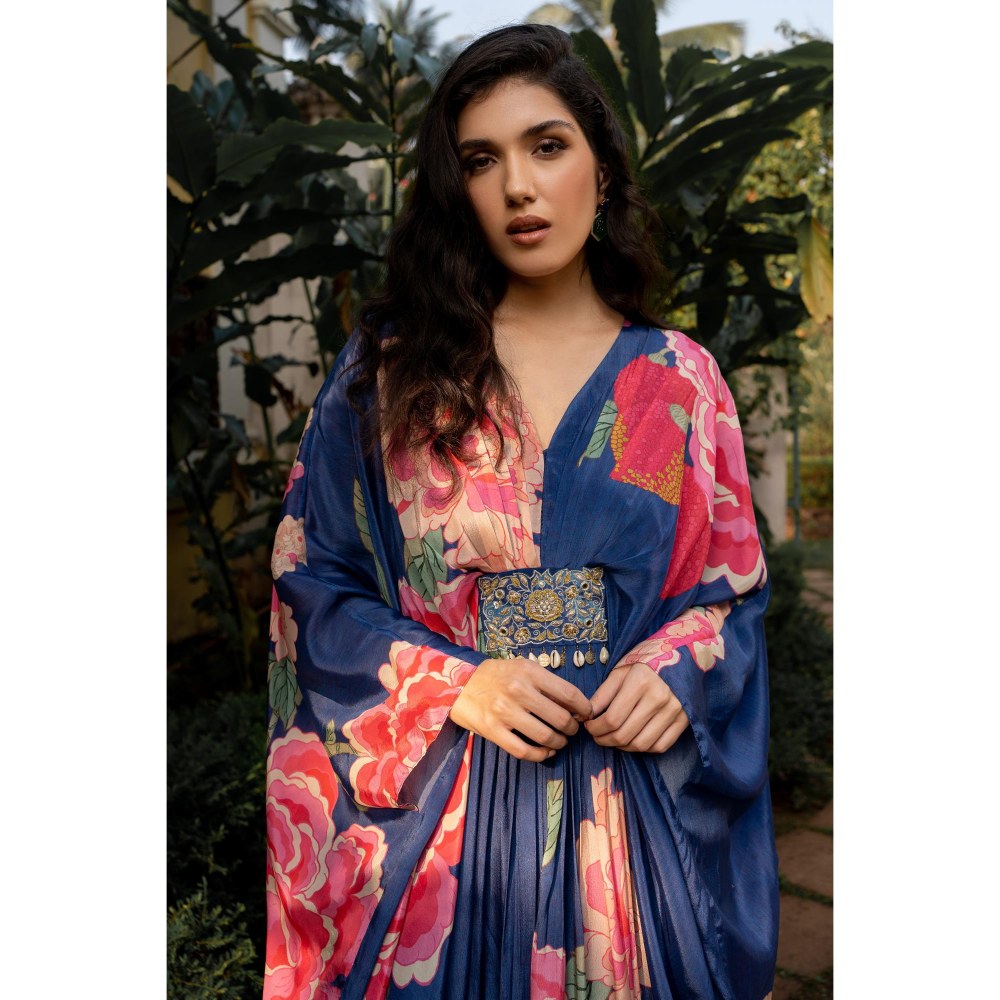 Paulmi & Harsh Blue Constance Kaftan Dress with Slip