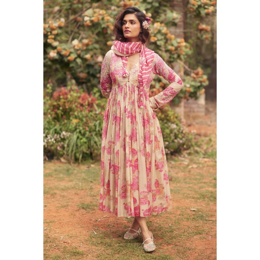 Paulmi & Harsh Pink Alice Maxi Anarkali Dress with Scarf