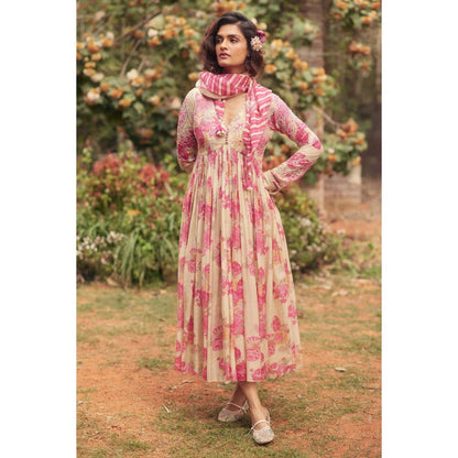 Paulmi & Harsh Pink Alice Maxi Anarkali Dress with Scarf