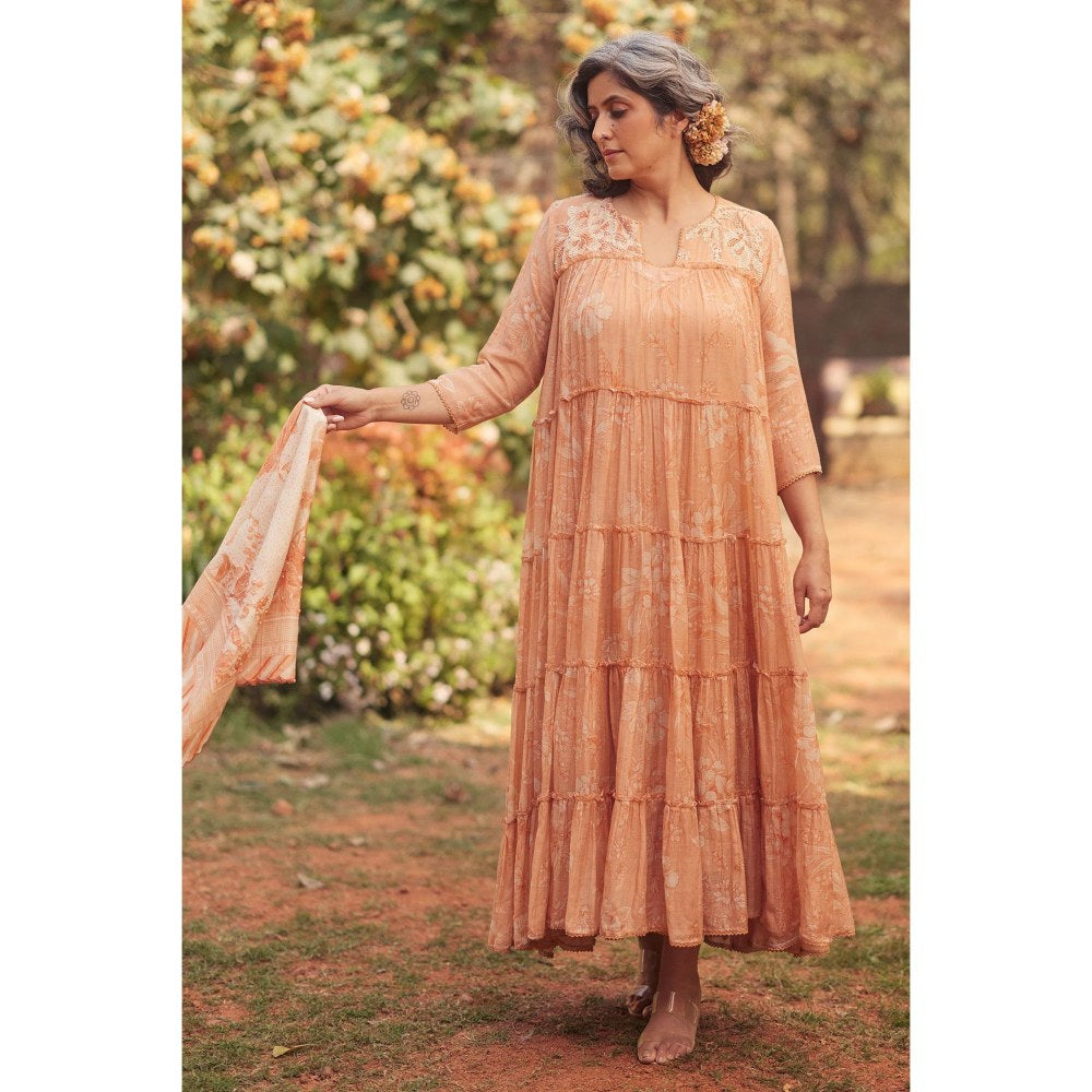 Paulmi & Harsh Peach Daria Anarkali Dress with Scarf and Slip