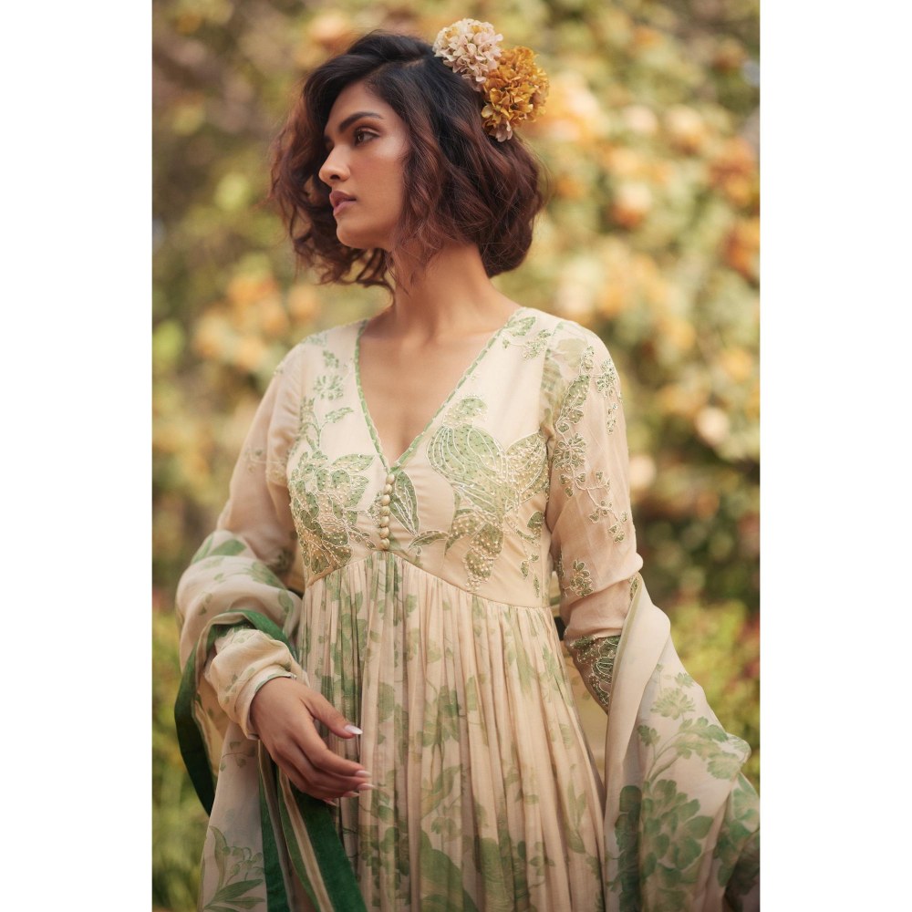 Paulmi & Harsh Green Fern Anarkali Dress with Dupatta