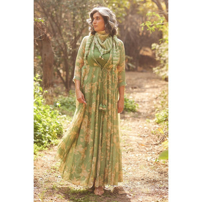 Paulmi & Harsh Green Fawn Anarkali Dress with Slip and Scarf