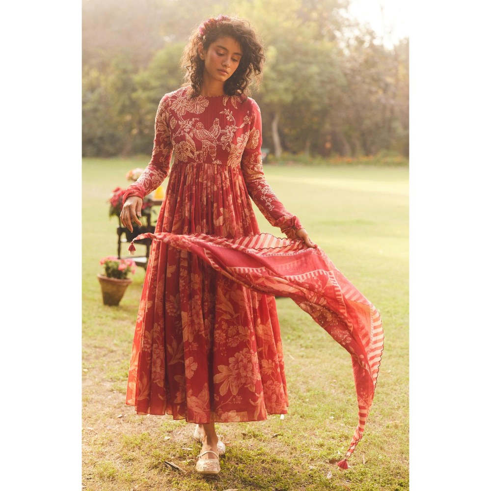 Paulmi & Harsh Red Lark Anarkali Dress with Scarf