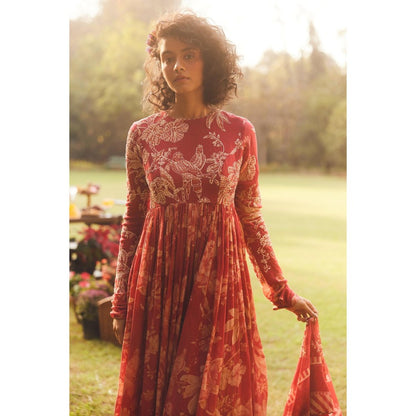 Paulmi & Harsh Red Lark Anarkali Dress with Scarf