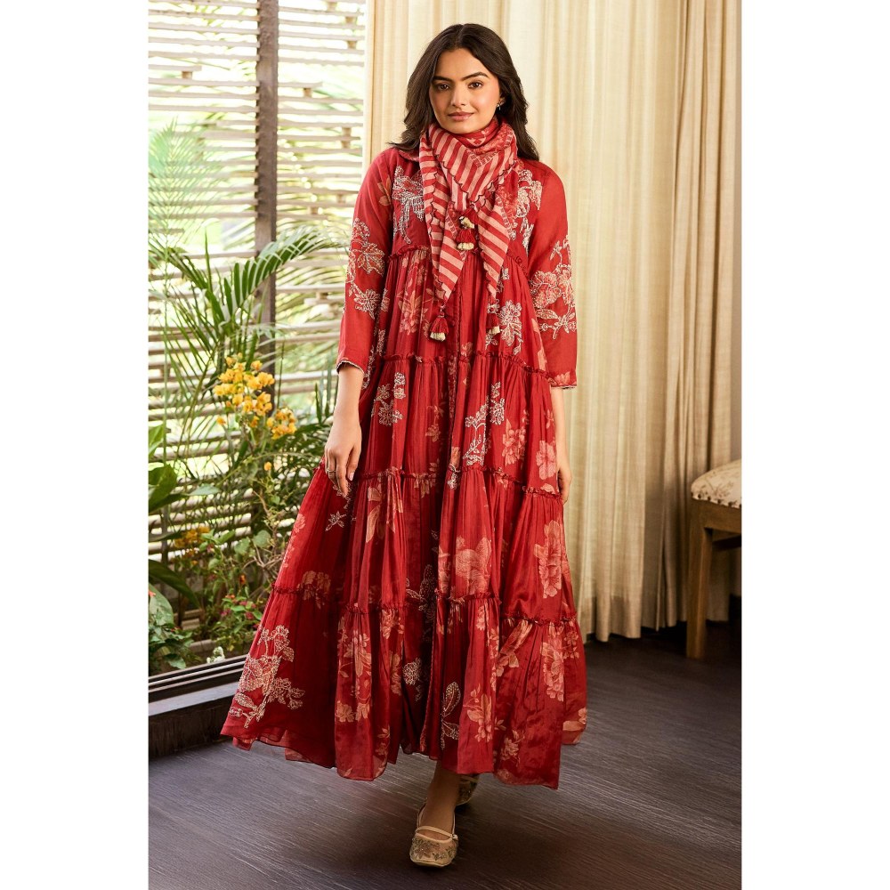Paulmi & Harsh Rust Indy Anarkali Dress with Scarf and Slip