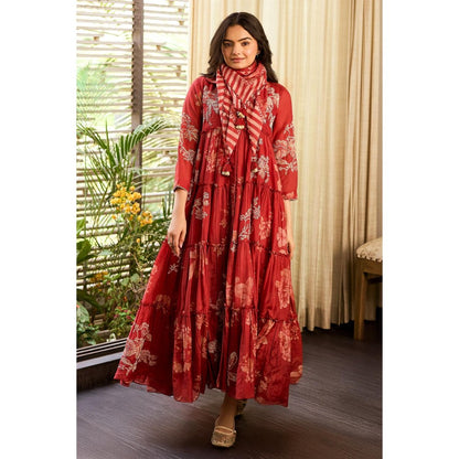 Paulmi & Harsh Rust Indy Anarkali Dress with Scarf and Slip