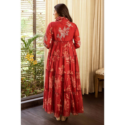 Paulmi & Harsh Rust Indy Anarkali Dress with Scarf and Slip