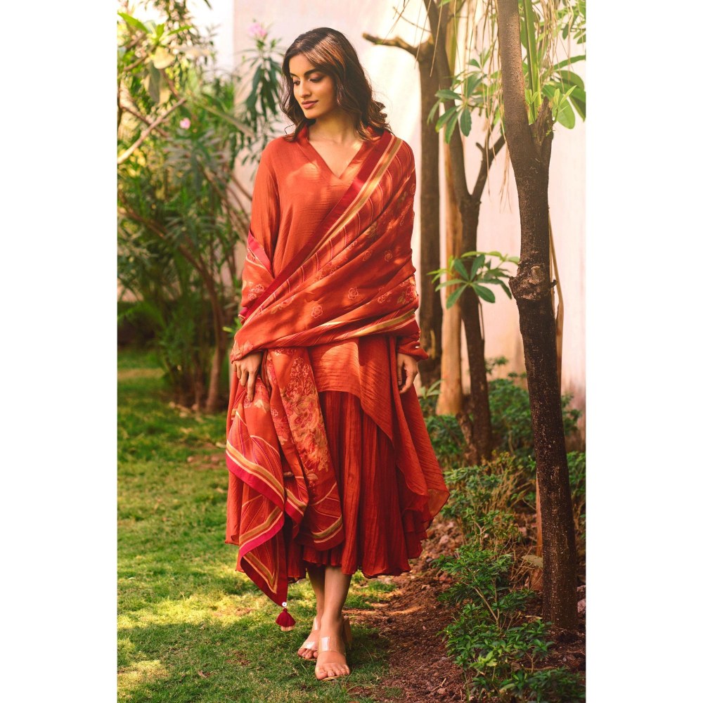 Paulmi & Harsh Rust Peyton Anarkali Dress with Slip and Dupatta
