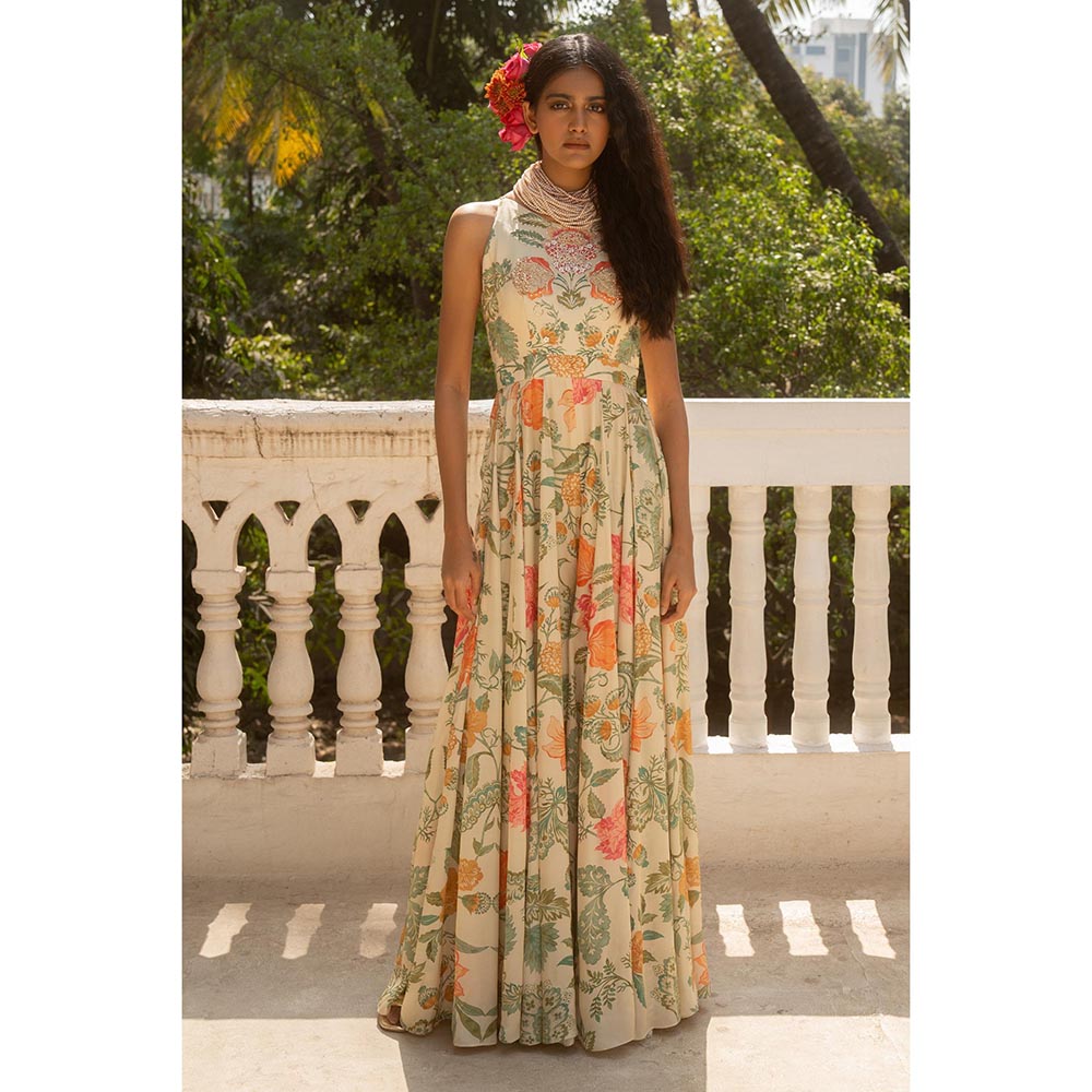Paulmi & Harsh Ivory Lucille Printed Jumpsuit