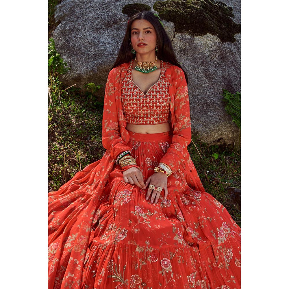 Paulmi & Harsh Berlin Red Lehenga with Stitched Blouse and Jacket