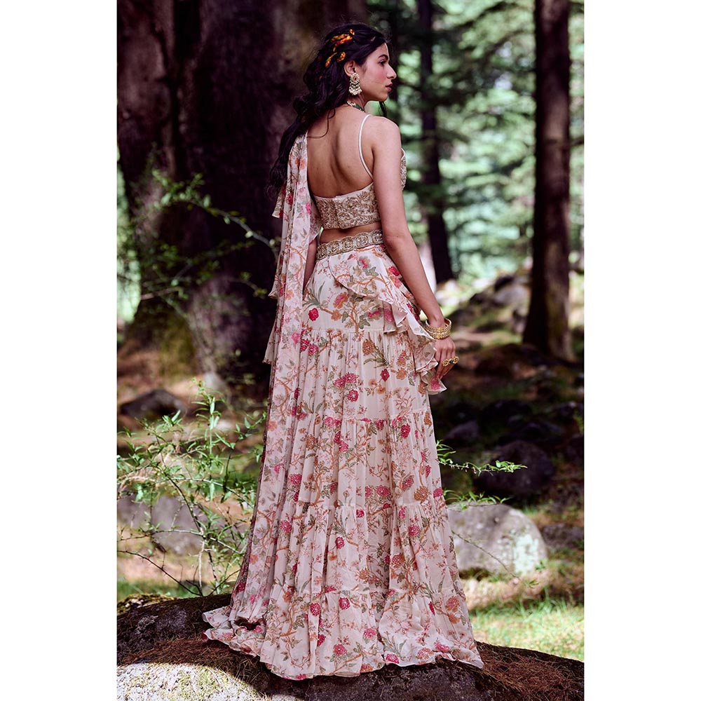 Paulmi & Harsh Margaux Off White Pre-Draped Saree with Stitched Blouse and Belt