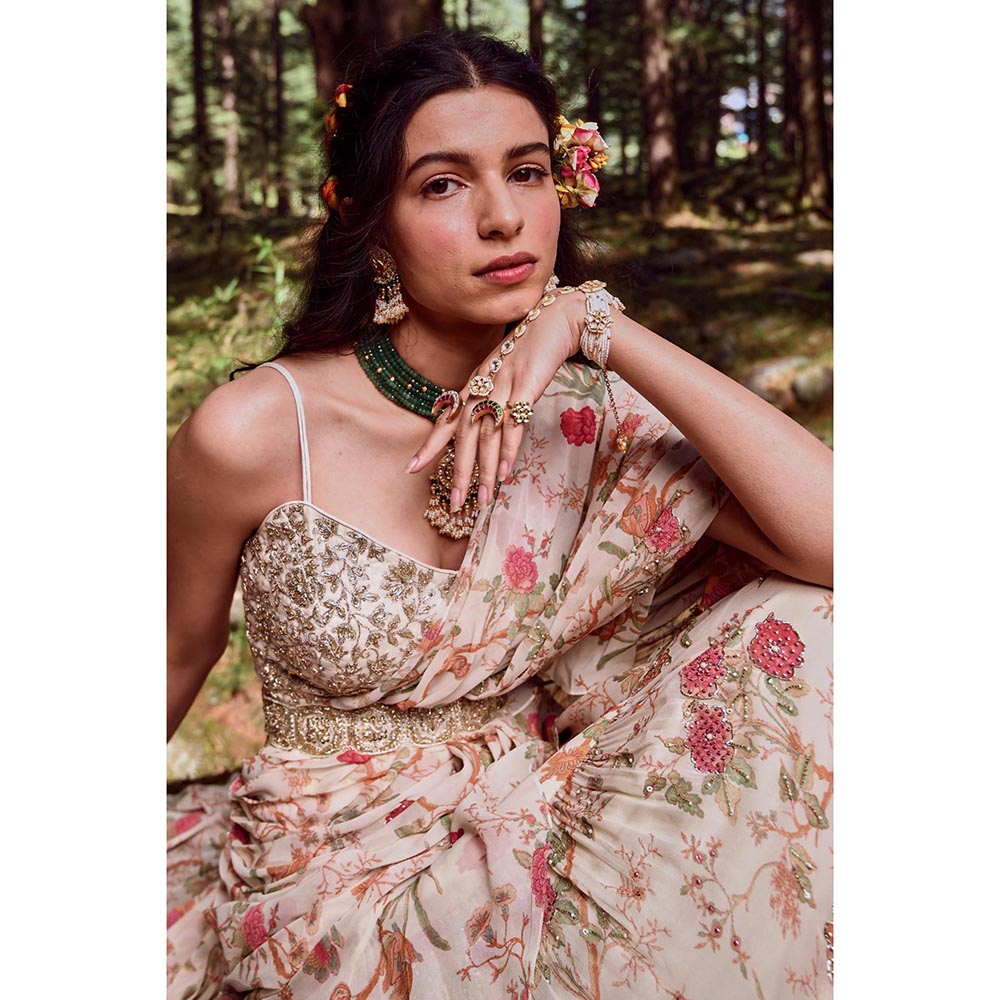 Paulmi & Harsh Margaux Off White Pre-Draped Saree with Stitched Blouse and Belt