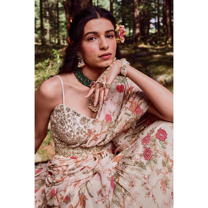 Paulmi & Harsh Margaux Off White Pre-Draped Saree with Stitched Blouse and Belt