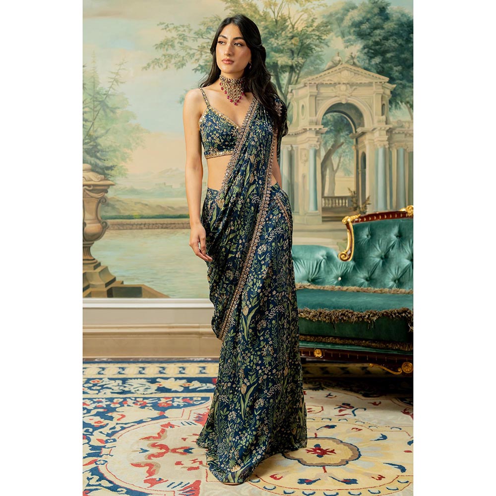 Paulmi & Harsh Millie Navy Blue Pre-Draped Saree with Stitched Blouse