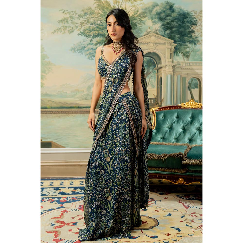 Paulmi & Harsh Millie Navy Blue Pre-Draped Saree with Stitched Blouse