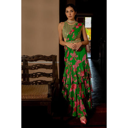 Paulmi & Harsh Miranga Green Saree with Stitched Blouse and Belt