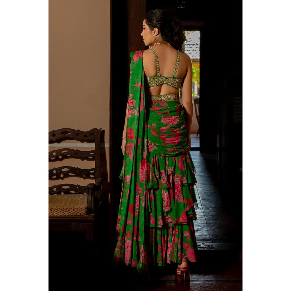 Paulmi & Harsh Miranga Green Saree with Stitched Blouse and Belt