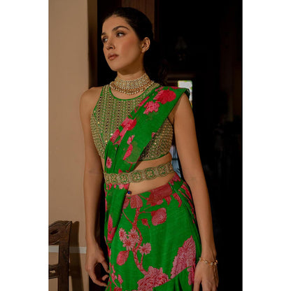 Paulmi & Harsh Miranga Green Saree with Stitched Blouse and Belt