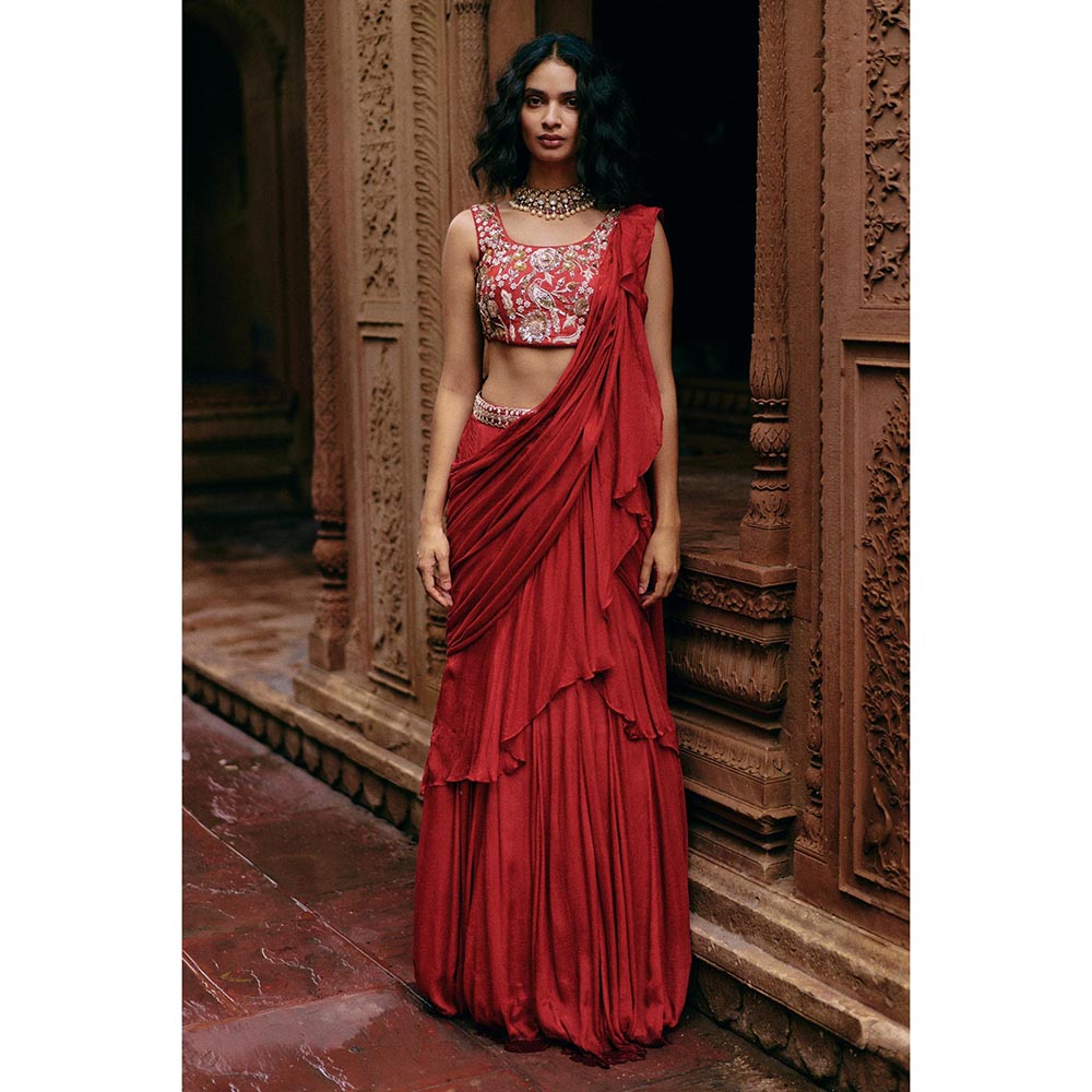 Paulmi & Harsh Isla Red Saree with Stitched Blouse and Belt