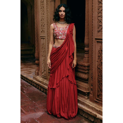 Paulmi & Harsh Isla Red Saree with Stitched Blouse and Belt