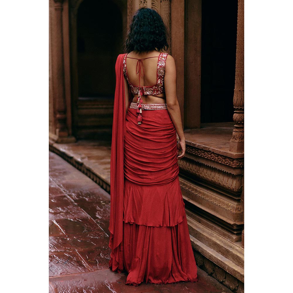 Paulmi & Harsh Isla Red Saree with Stitched Blouse and Belt