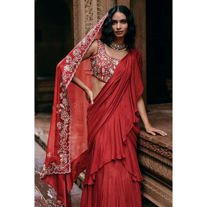 Paulmi & Harsh Isla Red Saree with Stitched Blouse and Belt