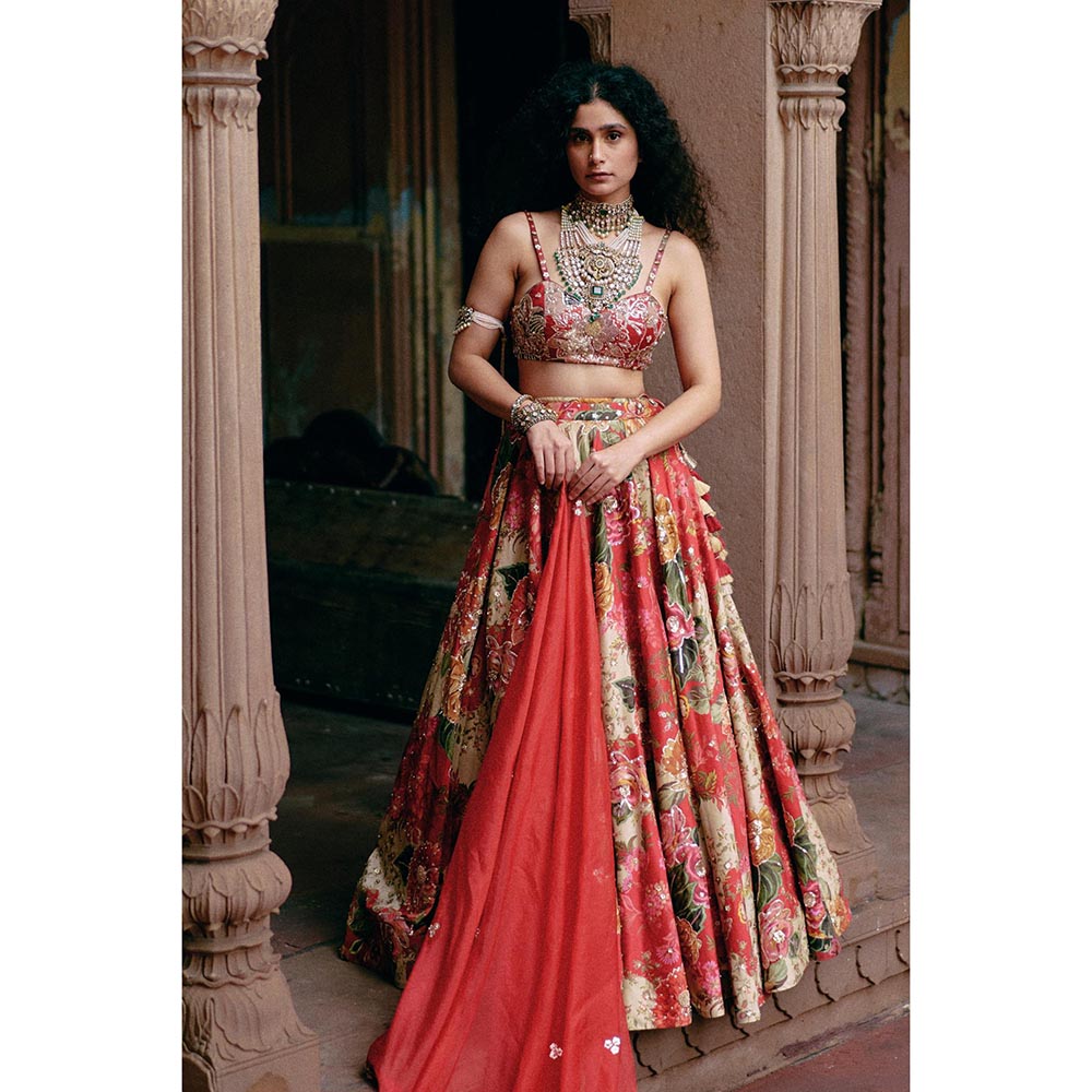 Paulmi & Harsh Noa Red Lehenga with Stitched Blouse and Dupatta