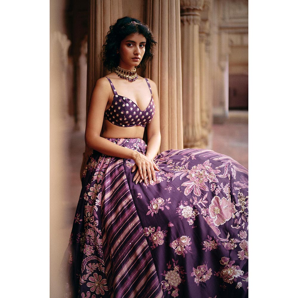 Paulmi & Harsh Aubrey Purple Lehenga with Stitched Blouse and Dupatta