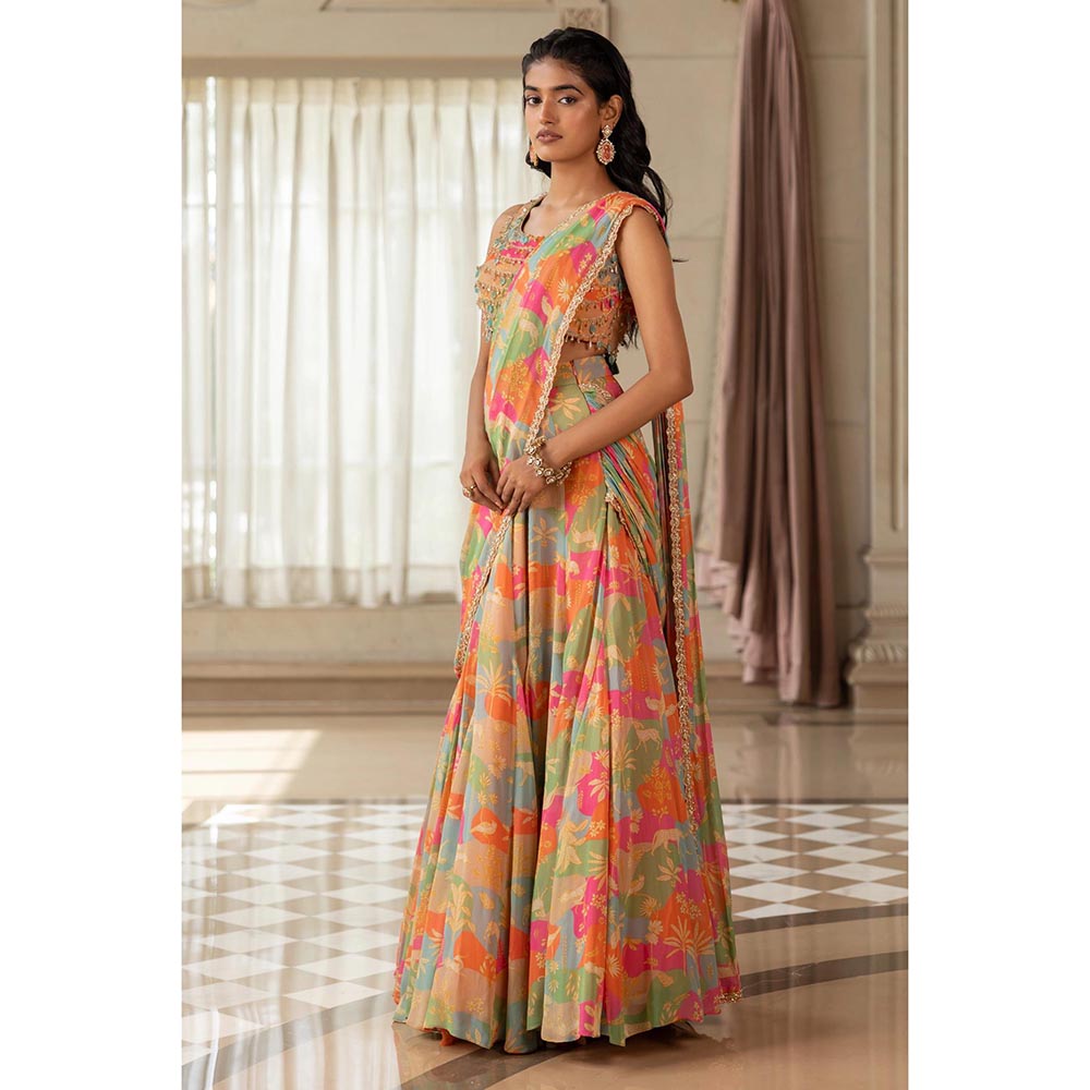 Paulmi & Harsh Kiara Multi-Color Pre-Draped Saree with Stitched Blouse
