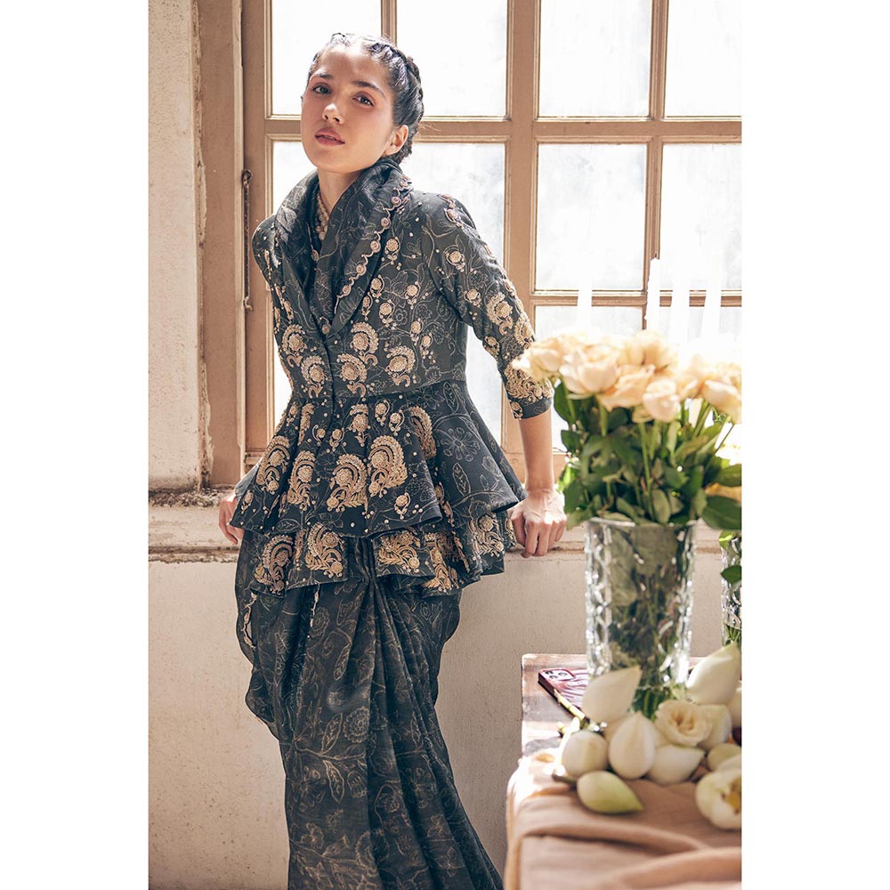 Paulmi & Harsh Faye Black Saree Peplum with Jacket and Petticoat