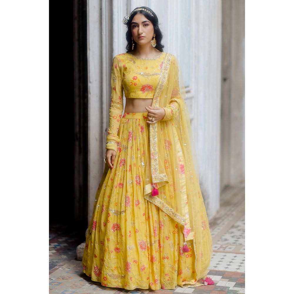 Paulmi & Harsh Refa Yellow Lehenga with Stitched Blouse and Dupatta