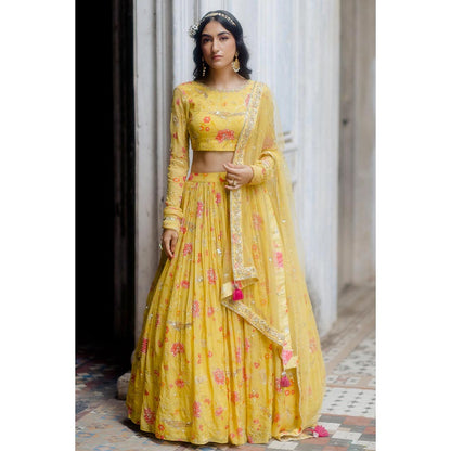 Paulmi & Harsh Refa Yellow Lehenga with Stitched Blouse and Dupatta