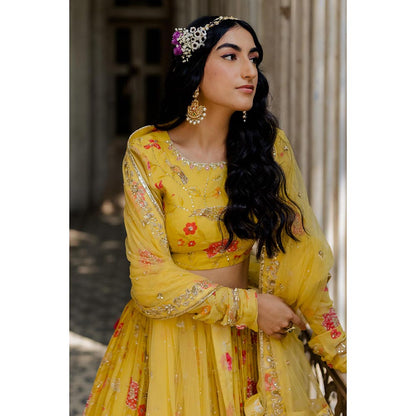 Paulmi & Harsh Refa Yellow Lehenga with Stitched Blouse and Dupatta