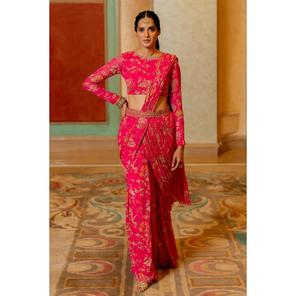 Paulmi & Harsh Alaia Pink Pre-Draped Saree with Stitched Blouse and Belt