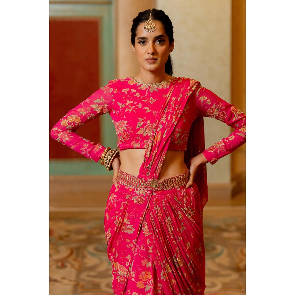 Paulmi & Harsh Alaia Pink Pre-Draped Saree with Stitched Blouse and Belt