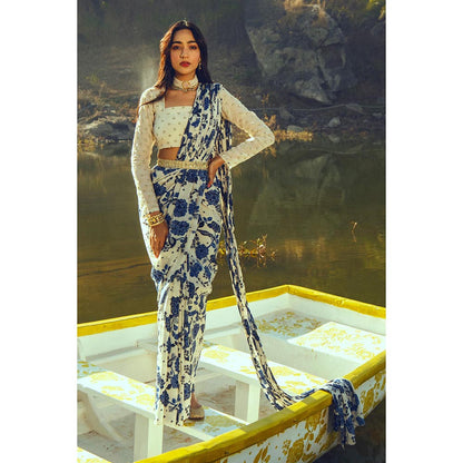 Paulmi & Harsh Aurelia Indigo Pre-Draped Saree with Stitched Blouse and Belt