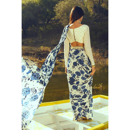 Paulmi & Harsh Aurelia Indigo Pre-Draped Saree with Stitched Blouse and Belt