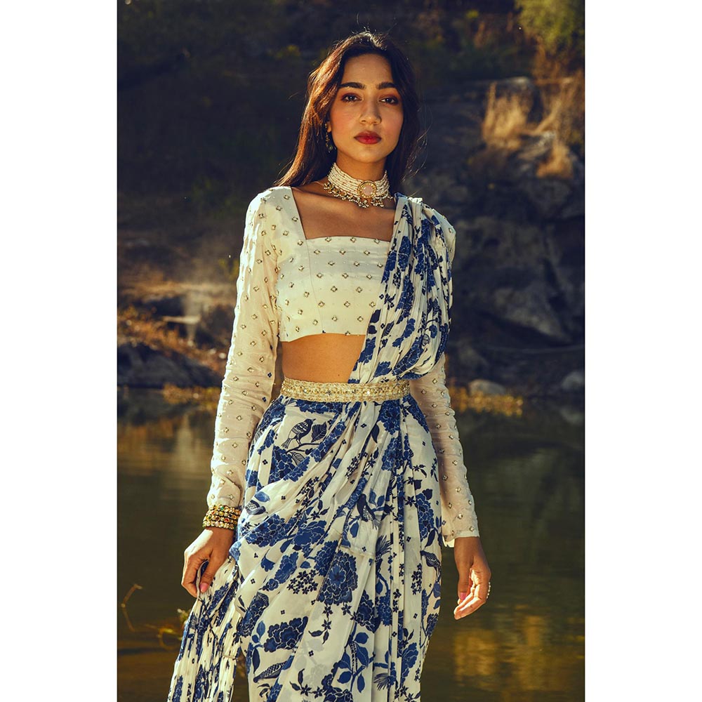 Paulmi & Harsh Aurelia Indigo Pre-Draped Saree with Stitched Blouse and Belt