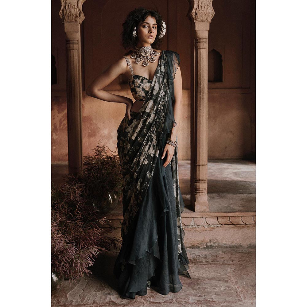 Paulmi & Harsh Navy Blue Laine Floral Printed Shrug