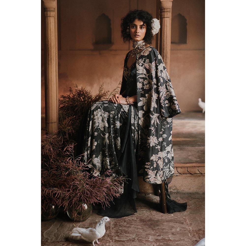 Paulmi & Harsh Navy Blue Laine Floral Printed Shrug