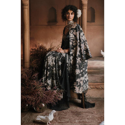 Paulmi & Harsh Navy Blue Laine Floral Printed Shrug