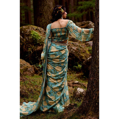 Paulmi & Harsh Rowyn Blue Pre-Draped Saree with Stitched Blouse and Belt