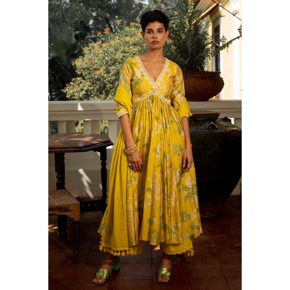 Paulmi & Harsh Women Yellow Cotton Silk V-Neck Anarkali Kurta with Palazzo and Dupatta