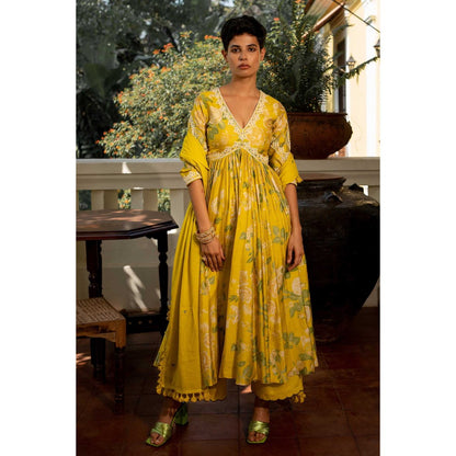 Paulmi & Harsh Women Yellow Cotton Silk V-Neck Anarkali Kurta with Palazzo and Dupatta