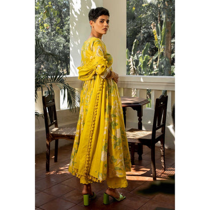 Paulmi & Harsh Women Yellow Cotton Silk V-Neck Anarkali Kurta with Palazzo and Dupatta