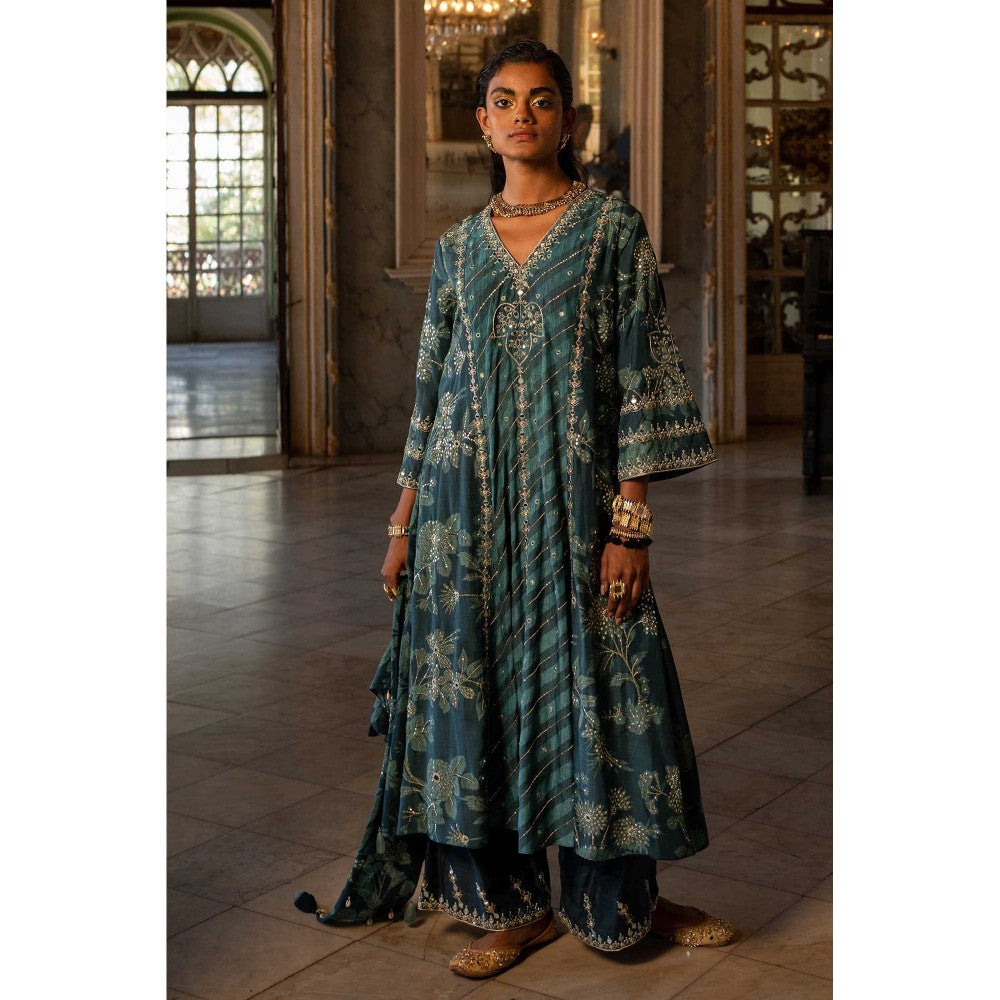 Paulmi & Harsh Women Teal Cotton Silk V-Neck Kurta with Palazzo and Dupatta