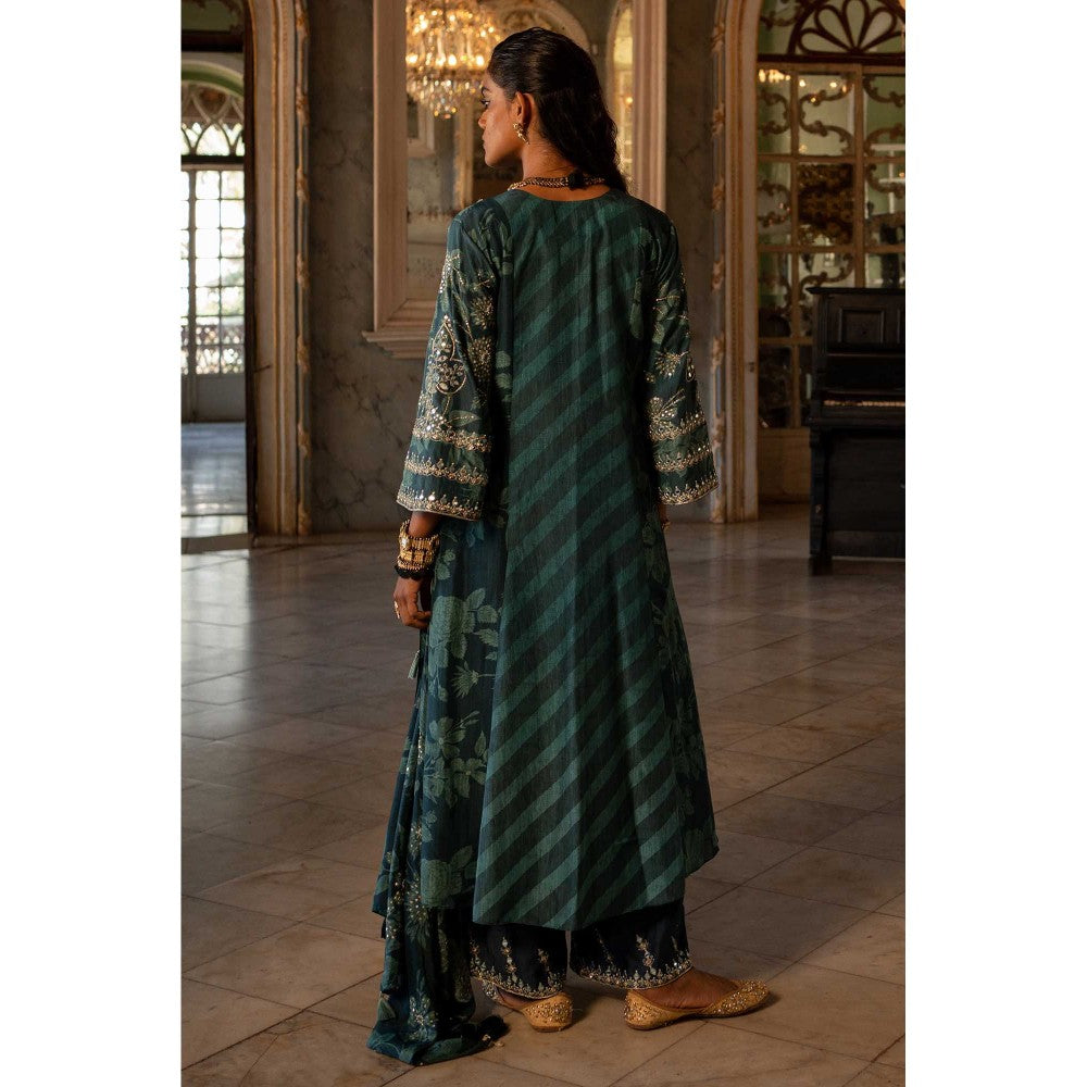 Paulmi & Harsh Women Teal Cotton Silk V-Neck Kurta with Palazzo and Dupatta